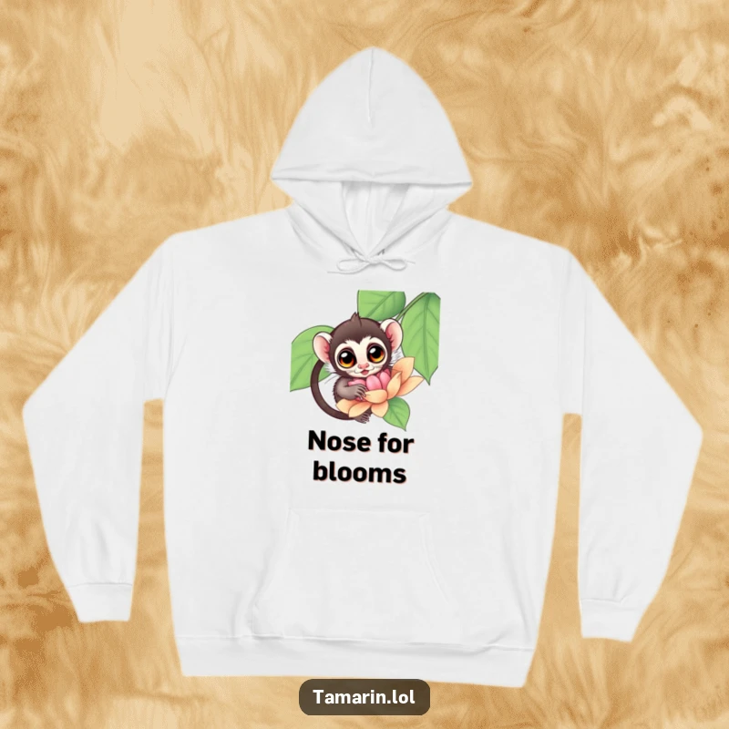 Funny Tamarin Hoodie featuring a tamarin with expressive, wide eyes investigating a large, beautiful flower.