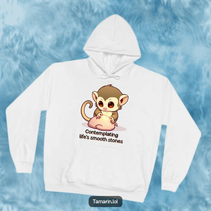 Funny hoodie featuring a curious tamarin character captivated by a shiny pebble, embodying a moment of quirky, heartwarming humor.