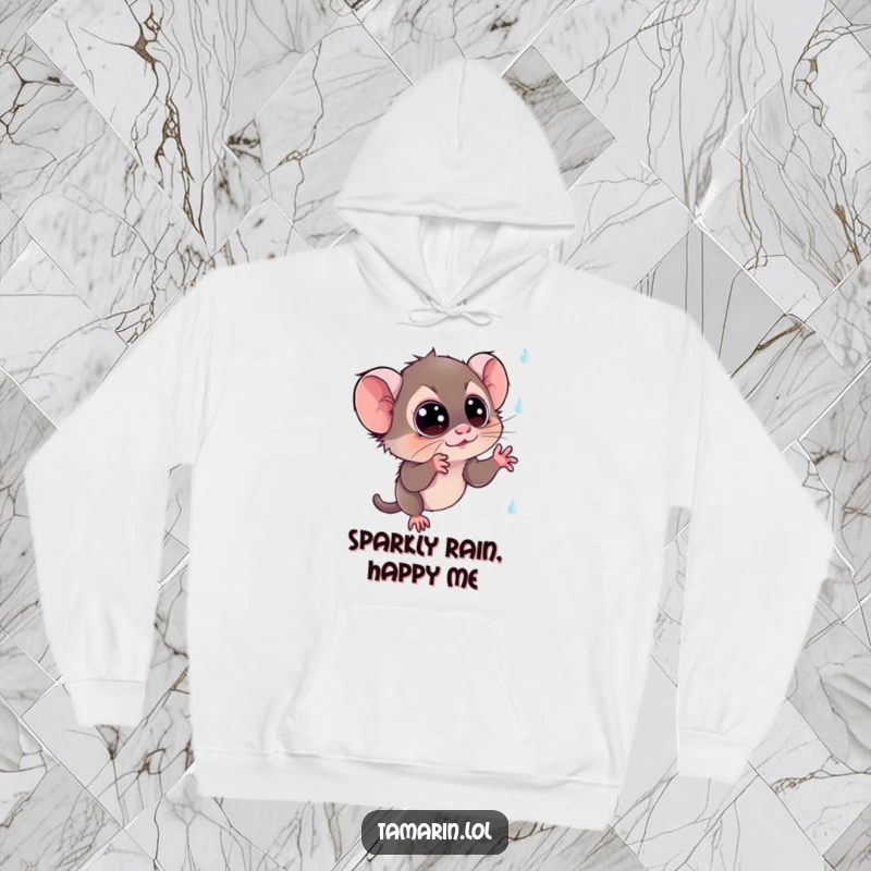 Funny tamarin hoodie: a warm, comfortable hoodie featuring a curious monkey trying to catch dazzling, sparkly raindrops, perfect for rainy day magic.