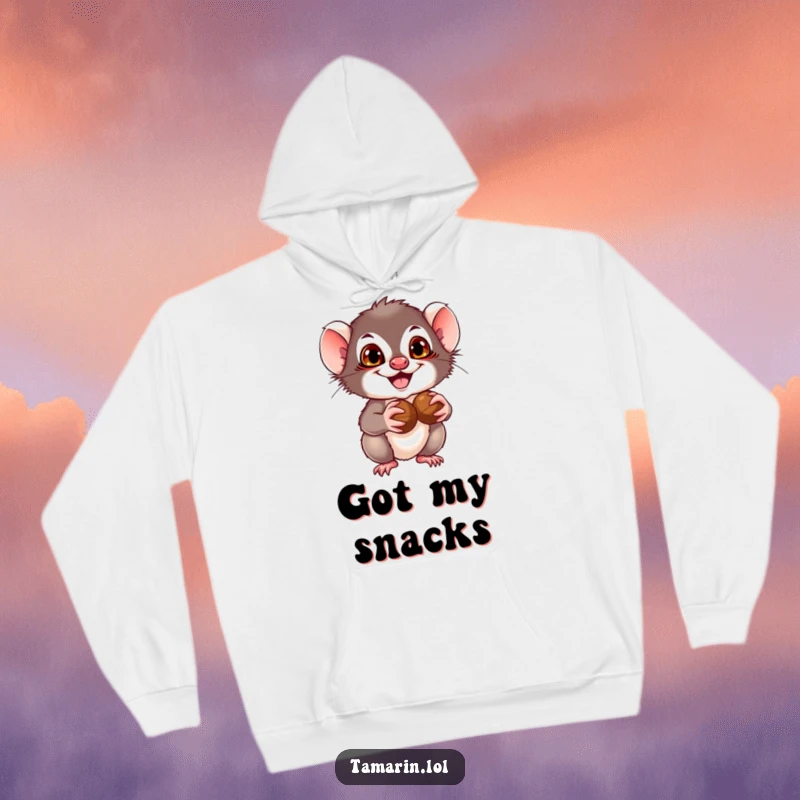 Funny Tamarin Hoodie: A tamarin with a mischievous grin holding nuts, offering cozy comfort and a playful design.