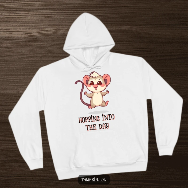 Funny hoodie featuring a tamarin character in a cheerful hop with its tail up, symbolizing joy and playful movement.