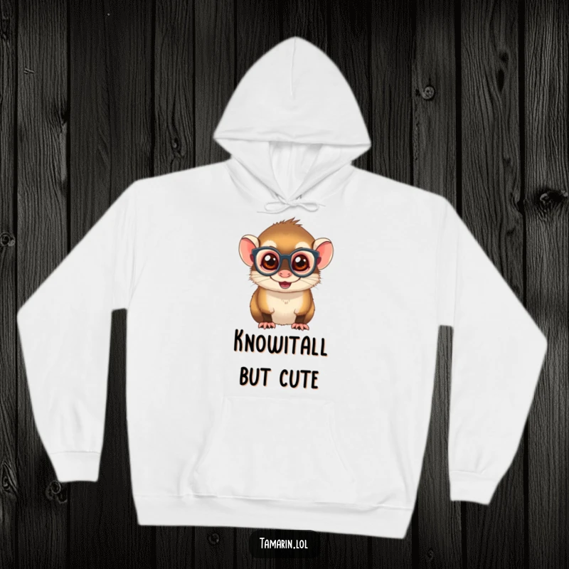 Funny Spectacled Tamarin Hoodie: A warm and cozy sweatshirt featuring a smart-looking monkey with small glasses, ready for a day of fun.