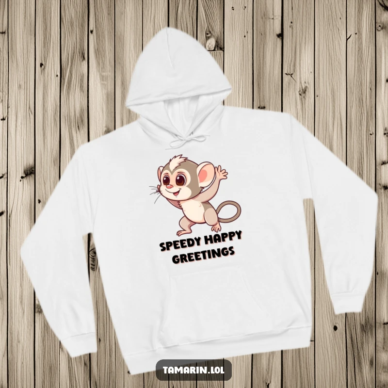Funny Waving Tamarin Hoodie: A warm and soft sweatshirt featuring a happy monkey waving hello with motion lines, offering friendly comfort.