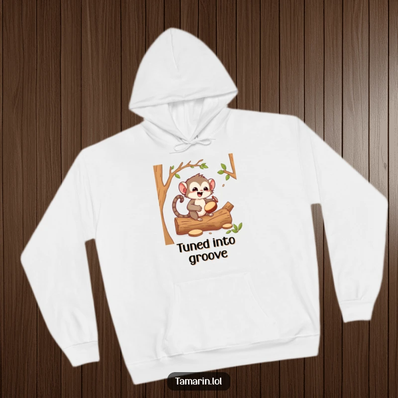 Funny tamarin drummer hoodie, a happy primate artistically drumming on hollow logs, radiating musical joy and cozy vibes.