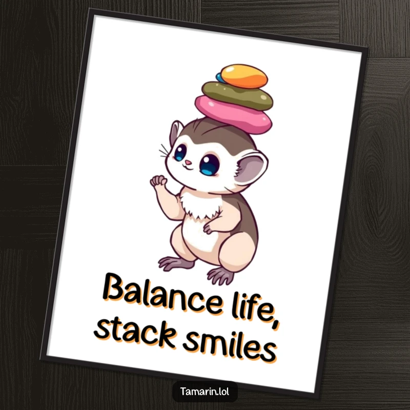 Funny Free Printable Wall Art: A tamarin expertly balances a precarious, colorful stack of shiny pebbles on its head.