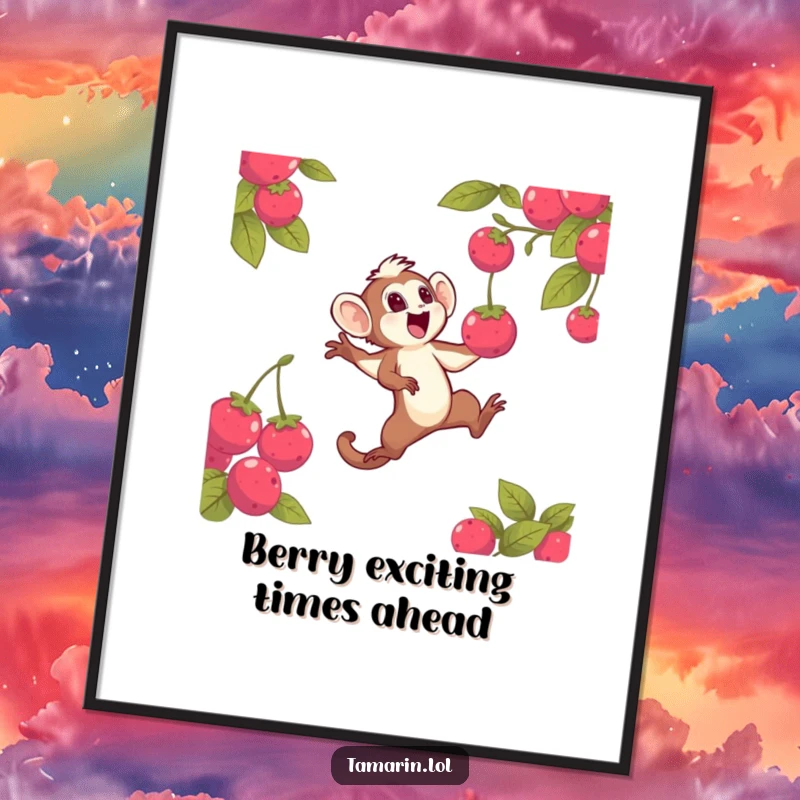 Funny Free Printable Wall Art: Energetic tamarin mid-leap, focused on catching a shiny berry, vibrant and humorous.