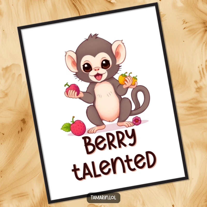 Funny Free Printable Wall Art: A cute tamarin monkey juggles colourful berries, adding a playful vibe to decor.