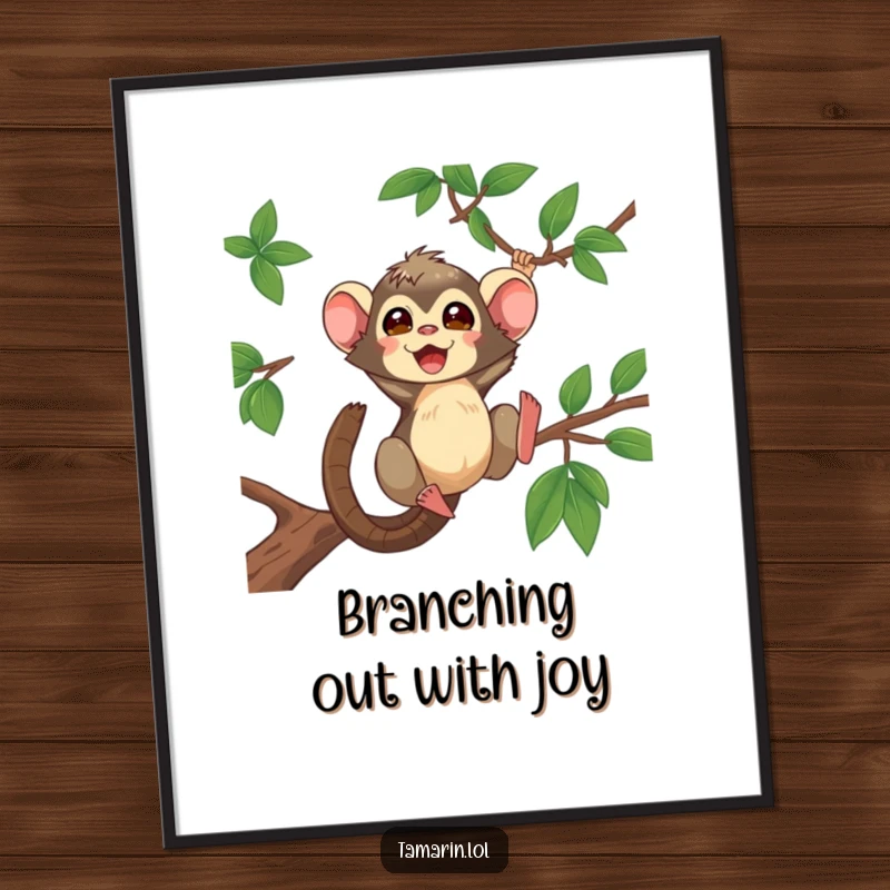 Funny Free Printable Wall Art: Tamarin monkey swinging energetically between lush green tree branches, capturing a moment of wild freedom.