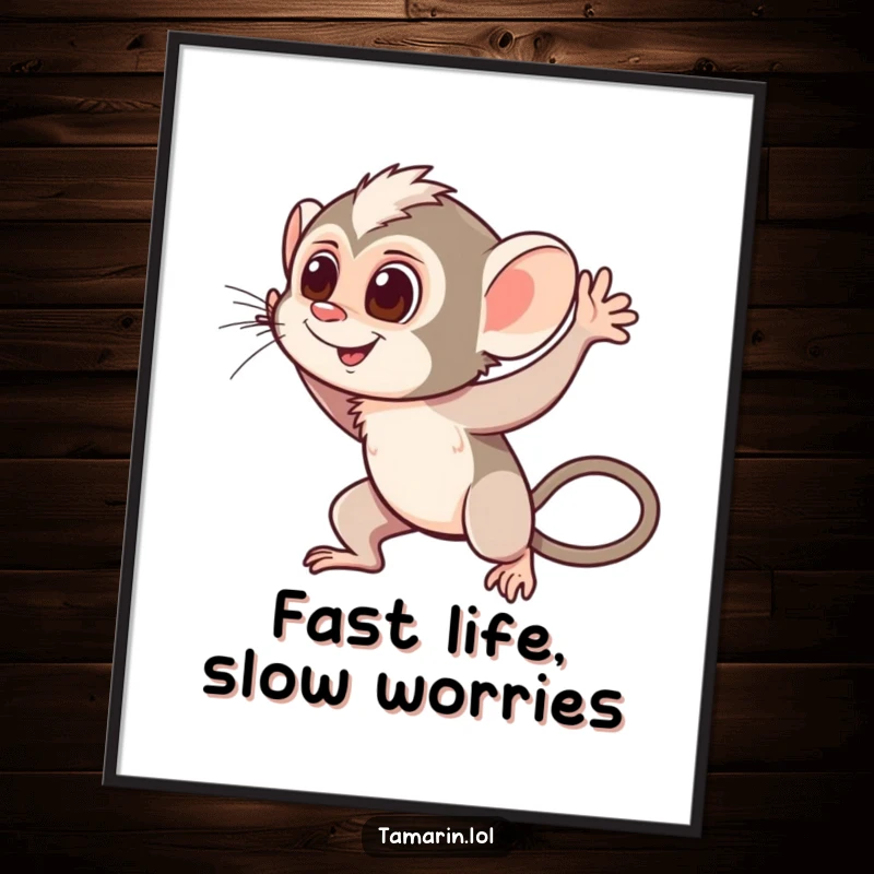 Funny Free Printable Wall Art: A tamarin is captured mid-wave, with motion lines suggesting a cheerful and speedy greeting.