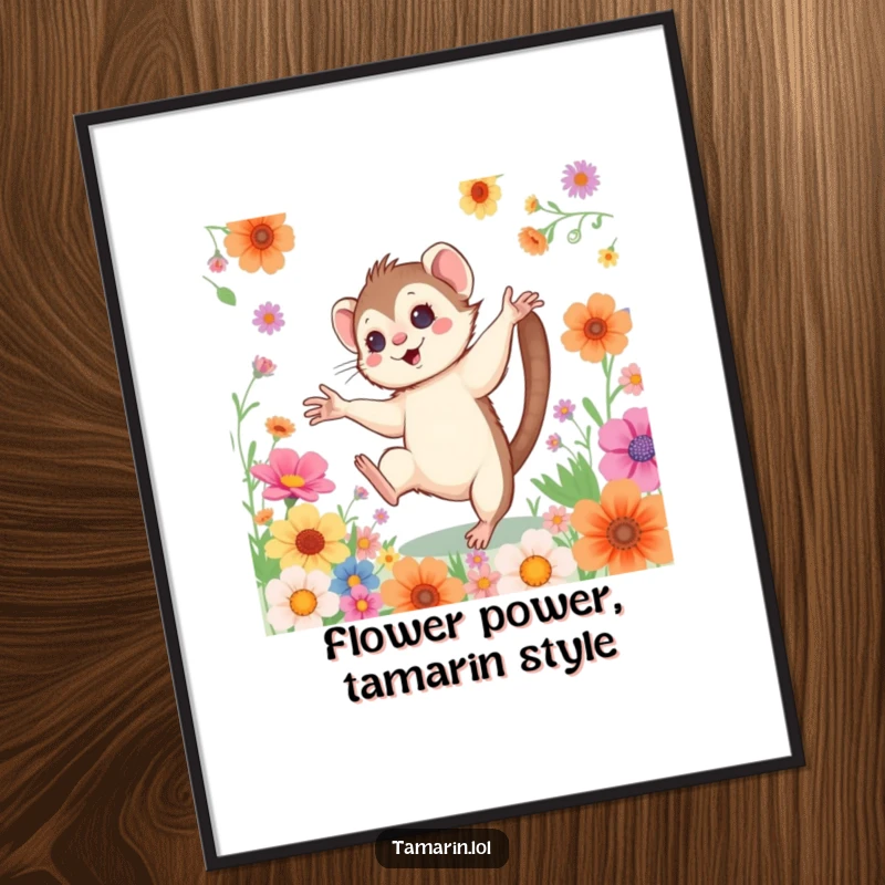 Funny Free Printable Wall Art: A rosy-cheeked tamarin is depicted mid-cartwheel, set against a backdrop of bright, colorful flowers.