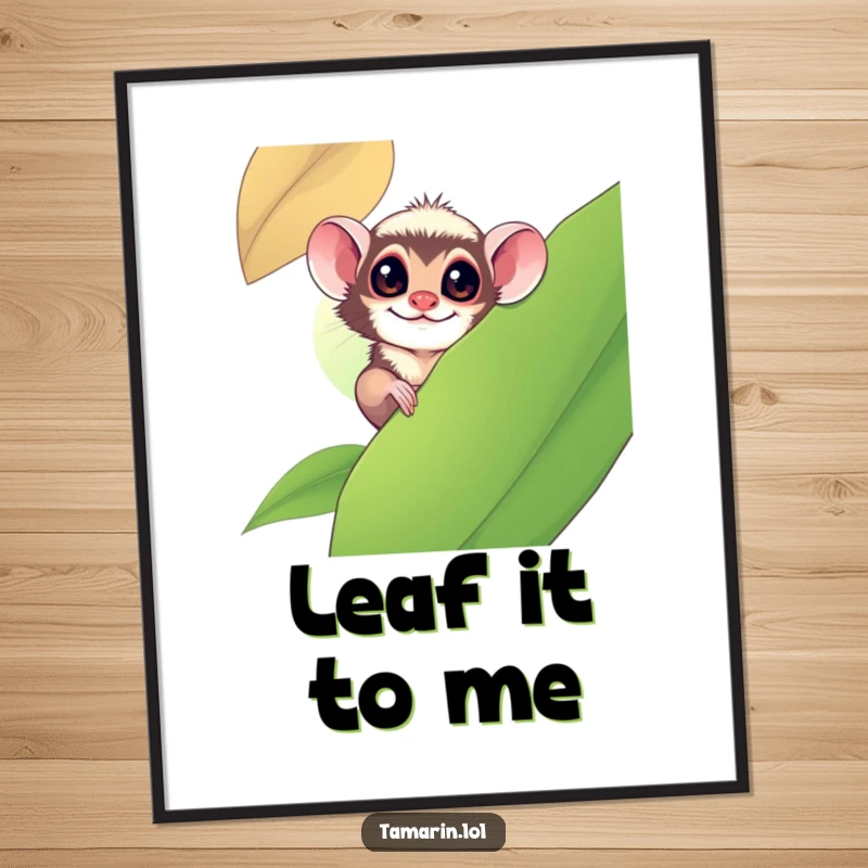 Funny Free Printable Tamarin Wall Art: Tamarin playfully peeking out from behind a large, vibrant leaf.