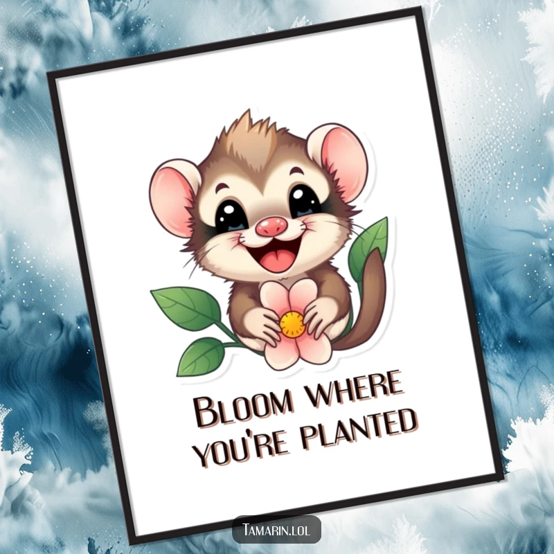 Funny free printable wall art of a tamarin with a joyful expression playfully peeking out from behind a large, colorful flower.