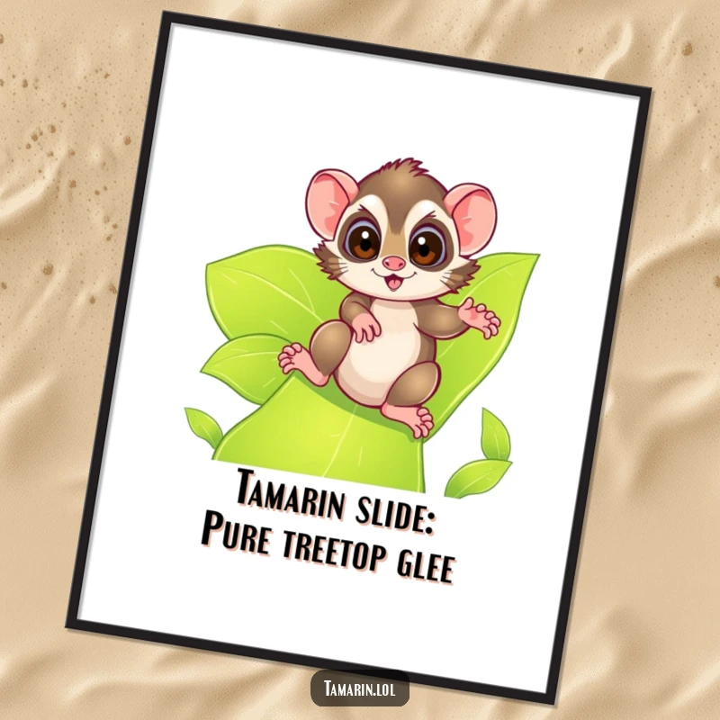 Funny Free Printable Wall Art: a tamarin with wide, excited eyes sliding rapidly down a vibrant green leafy slide, full of adventure.