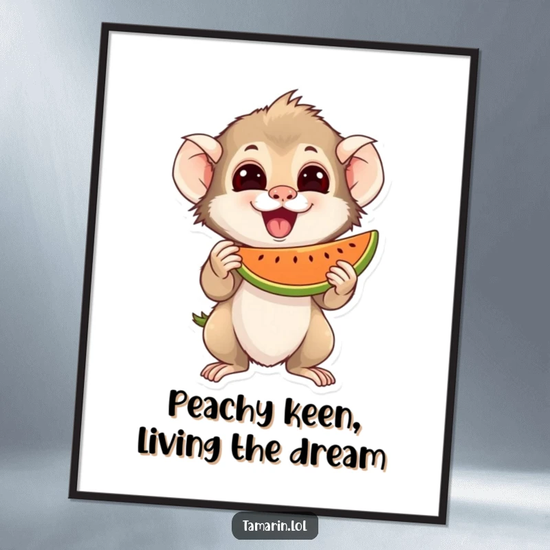 Funny Free Printable Wall Art: Tamarin Character Excitedly Holding Juicy Fruit