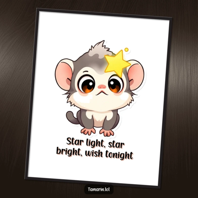 Funny Free Printable Wall Art of a curious tamarin character peering into a bright, glowing star, sparking wonder and imagination.