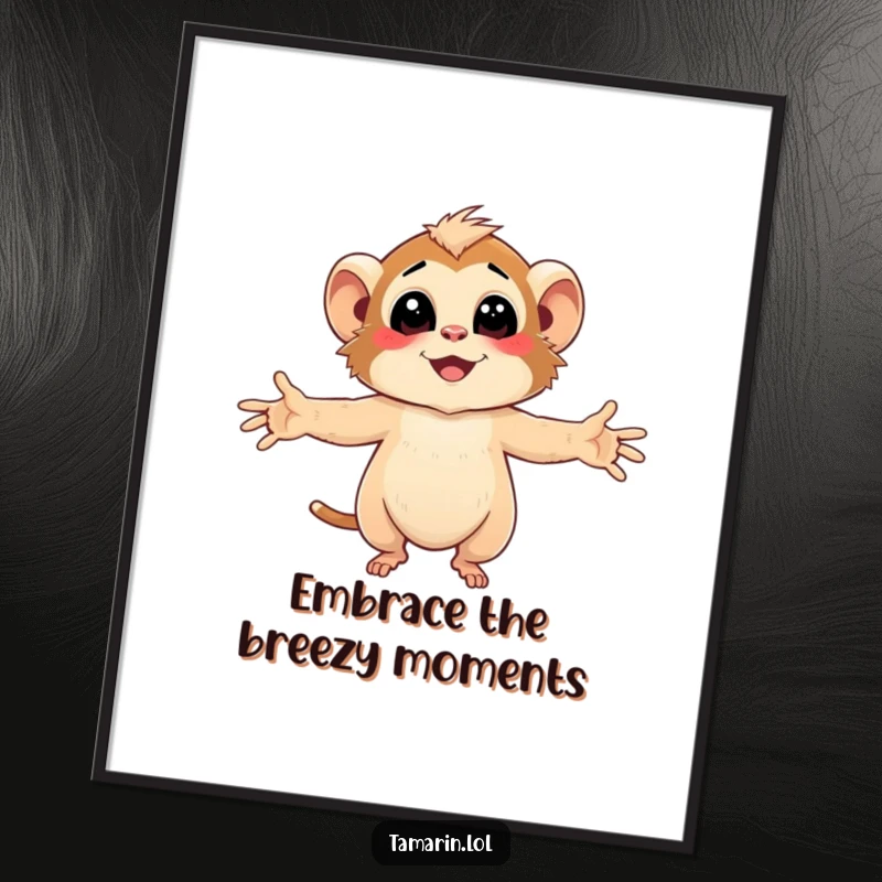 Funny Free Printable Wall Art: Tamarin character joyfully embraces a smiling breeze, capturing a moment of pure, downloadable outdoor bliss.