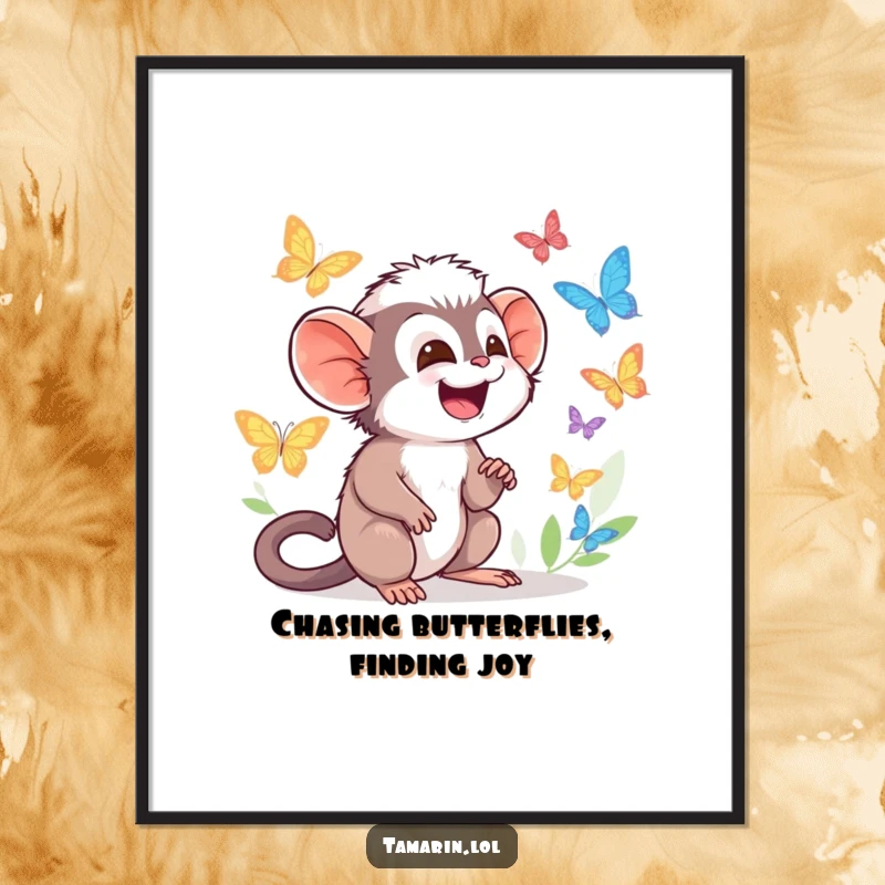 Funny Free Printable Wall Art: Tamarin character giggles with delight as colorful butterflies flutter by, bringing downloadable magic to your decor.