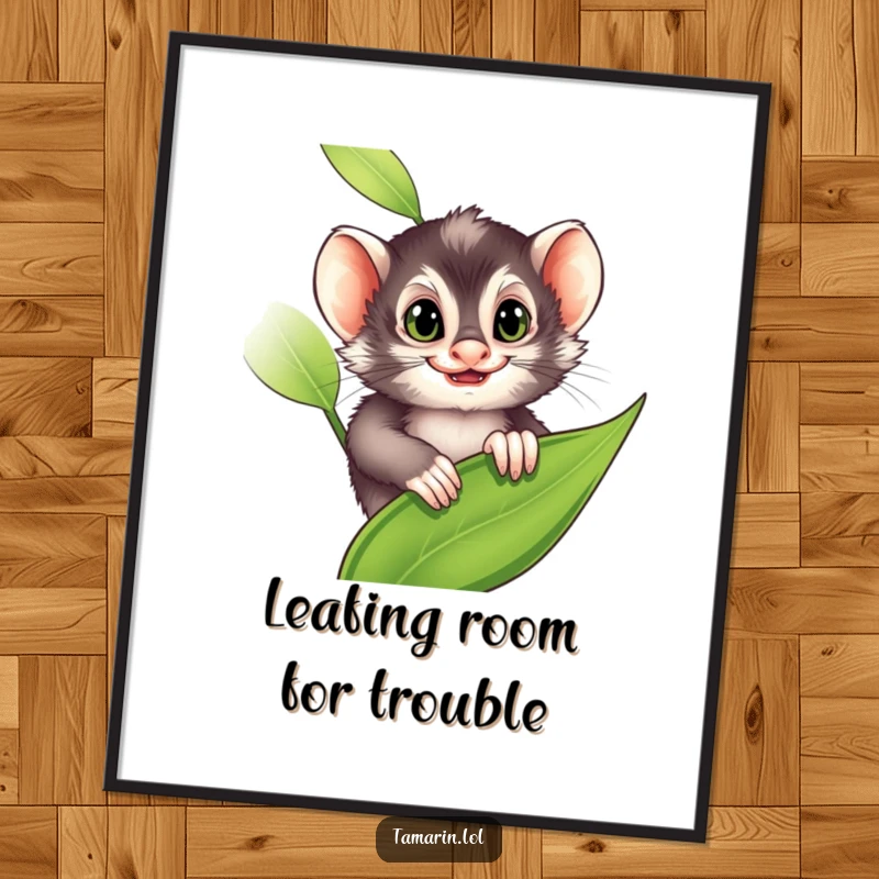 Funny Free Printable Wall Art of a tamarin with a mischievous grin peeking out from behind a lush green leaf.