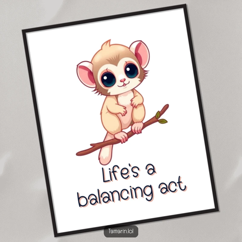 Funny Free Printable Wall Art of a tamarin performing a delicate balancing act on a thin twig, adding jungle humor.