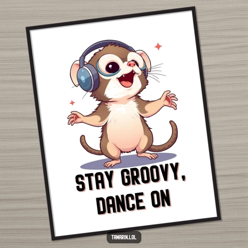 Funny Free Printable Wall Art: A tamarin with oversized headphones dances ecstatically to the beat.