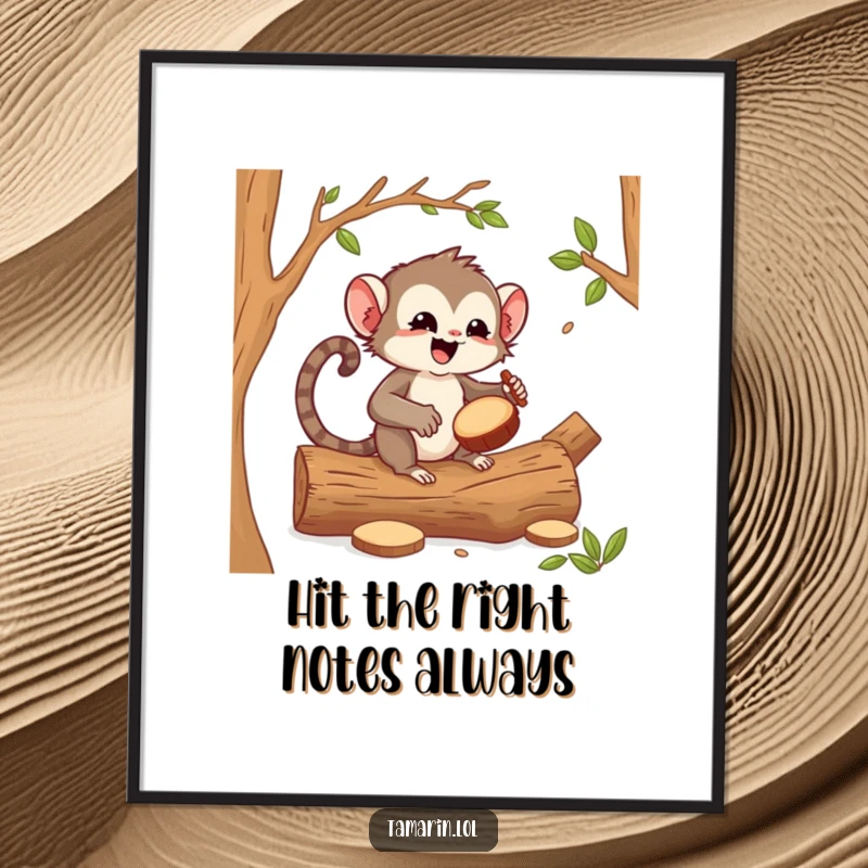Funny free printable wall art of a tamarin energetically drumming a lively beat on hollow logs in a jungle setting.