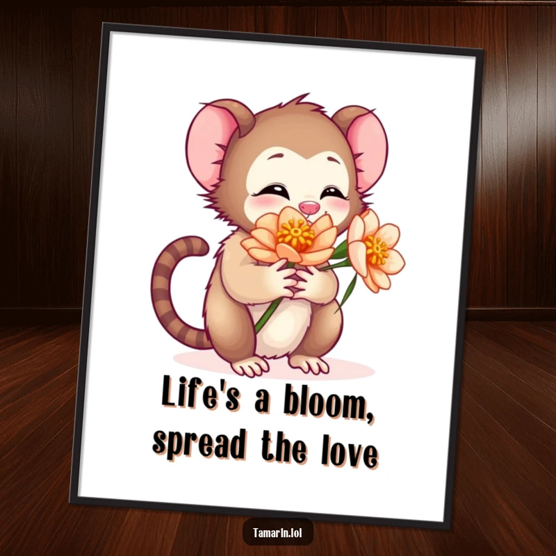 Funny Free Printable Wall Art: Tamarin character sharing a loving, warm hug with a vibrant, beautiful flower.