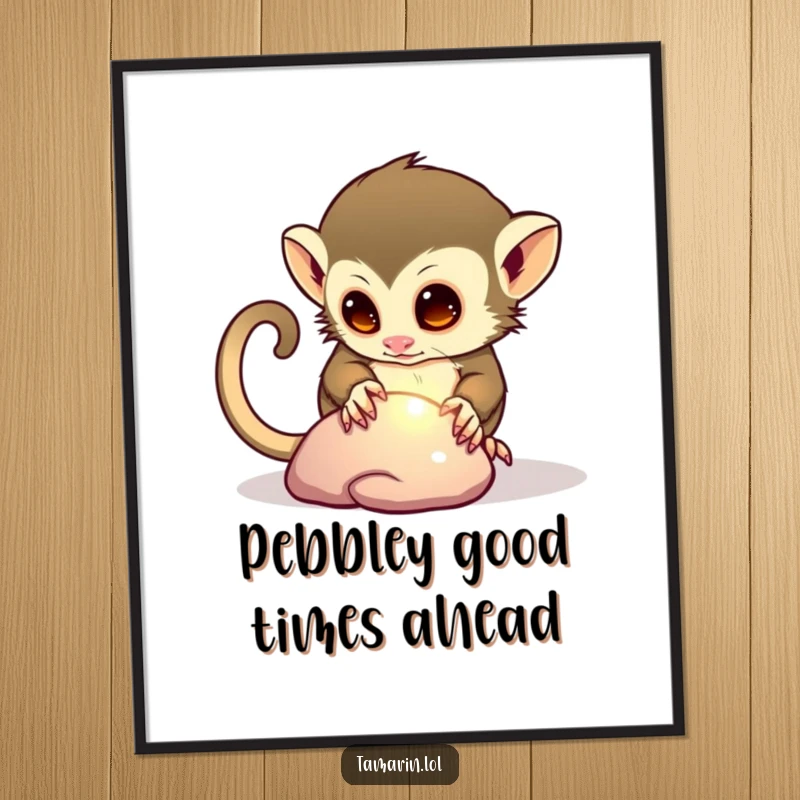 Funny free printable wall art depicting a curious tamarin intently examining a shiny pebble with a look of wonder.