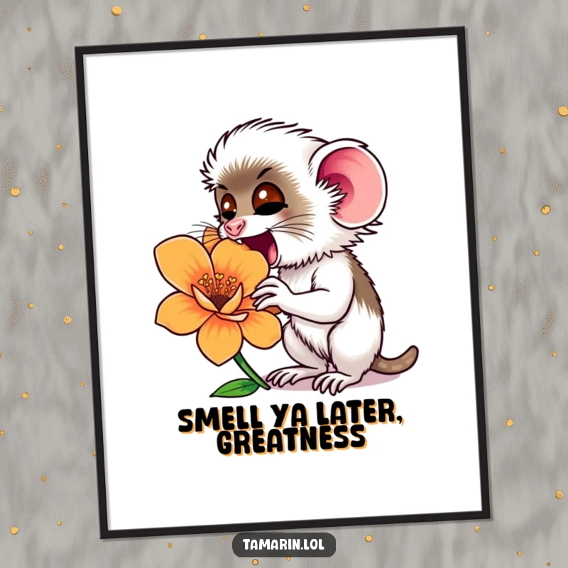Funny Free Printable Tamarin Wall Art: Tamarin enthusiastically sniffing a giant, colorful flower, bringing nature's joy.