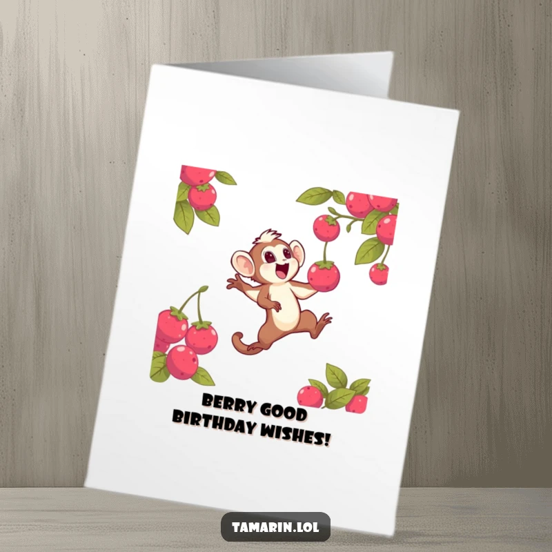 Funny Free Printable Birthday Card: Energetic tamarin jumping with glee to catch a glowing berry, pure birthday excitement.