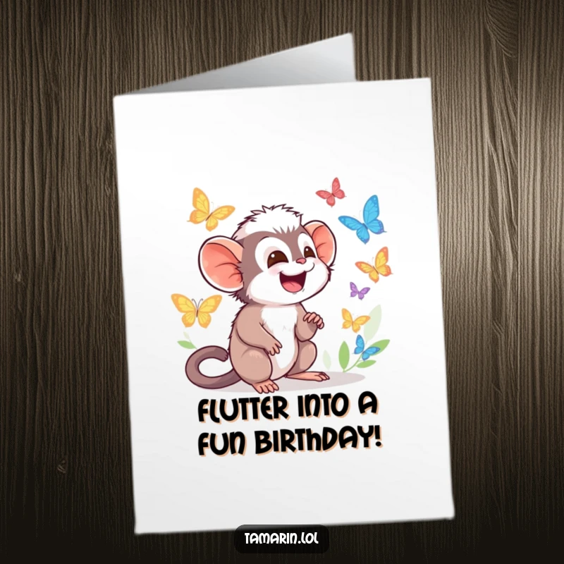 Funny Free Printable Birthday Card: Tamarin character giggles watching colorful butterflies, celebrating with downloadable enchantment and birthday cheer.