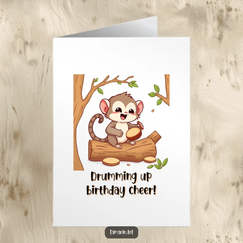 Funny free printable birthday card showcasing a cheerful tamarin enthusiastically drumming on hollow logs with pure joy.