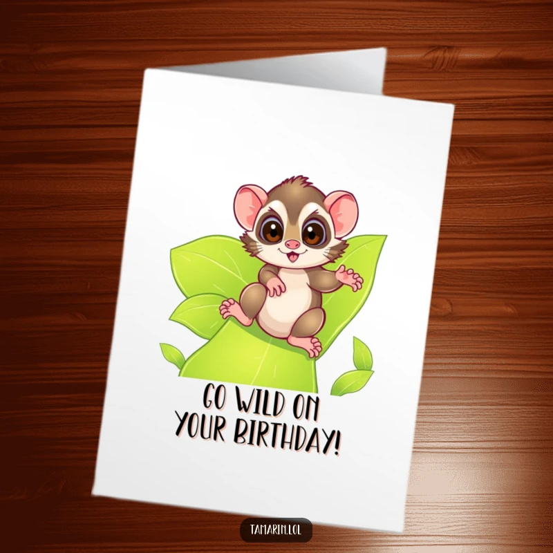 Funny Free Printable Birthday Card: a tamarin with excited eyes joyfully sliding down a lush green leafy slide, celebrating fun.