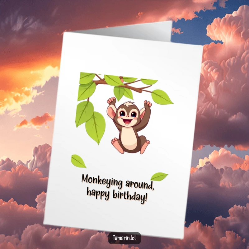 Funny Free Printable Birthday Card: A small tamarin monkey joyfully swings from a vine, ready to celebrate.
