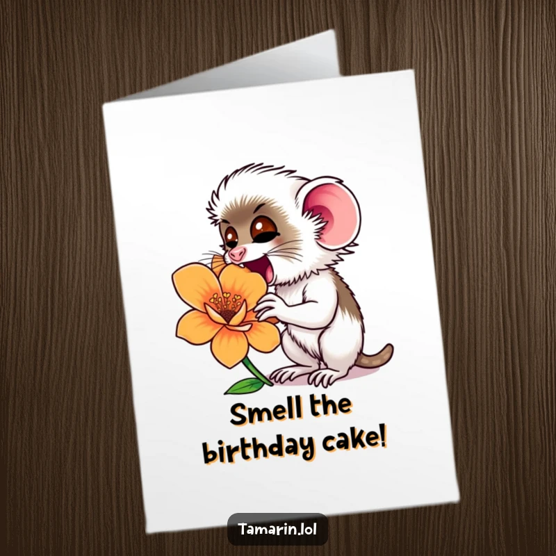 Funny Free Printable Birthday Card: Tamarin excitedly sniffing a giant, colorful flower, full of birthday cheer.