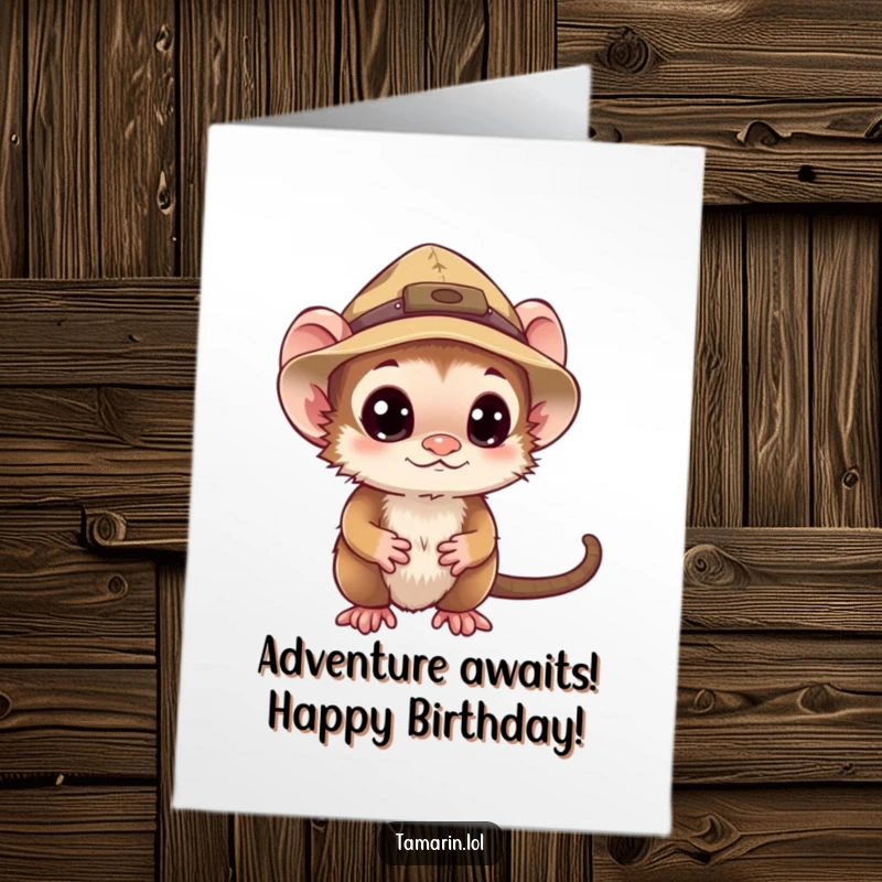 Funny Free Printable Tamarin Birthday Card: A curious tamarin in an explorer hat, ready for adventure.