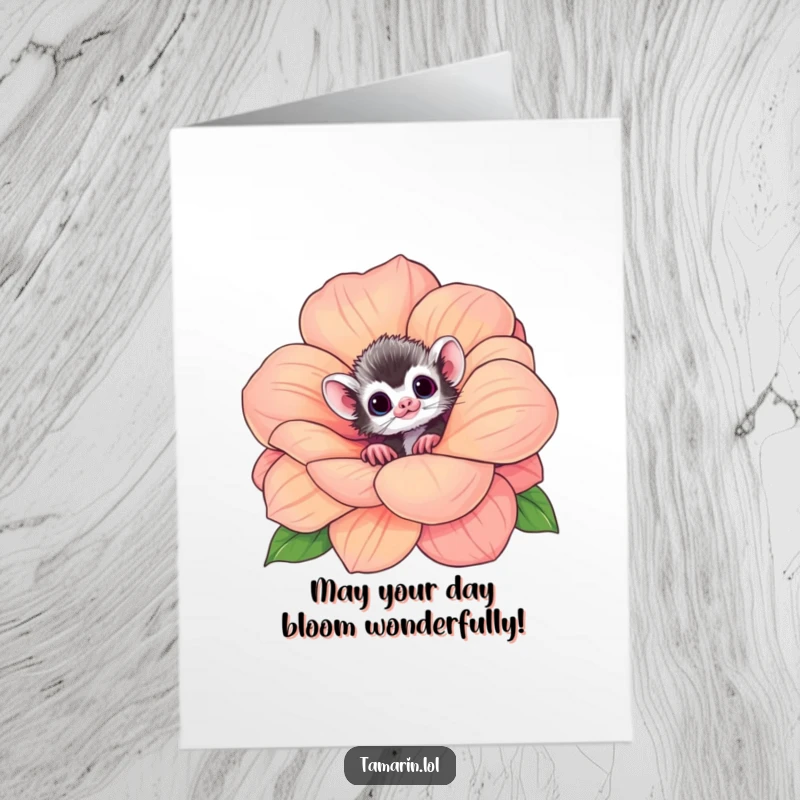 Funny Free Printable Birthday Card: Curious tamarin peeking from a giant flower, perfect for a playful, downloadable gift.