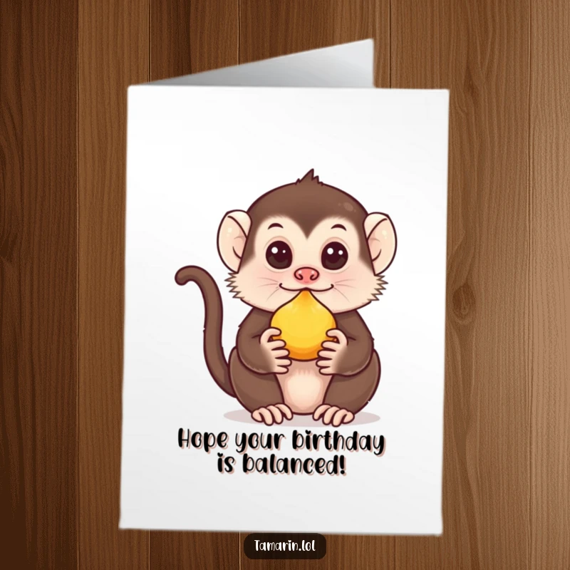 Funny free printable tamarin monkey skillfully balancing a small berry on its nose, birthday card