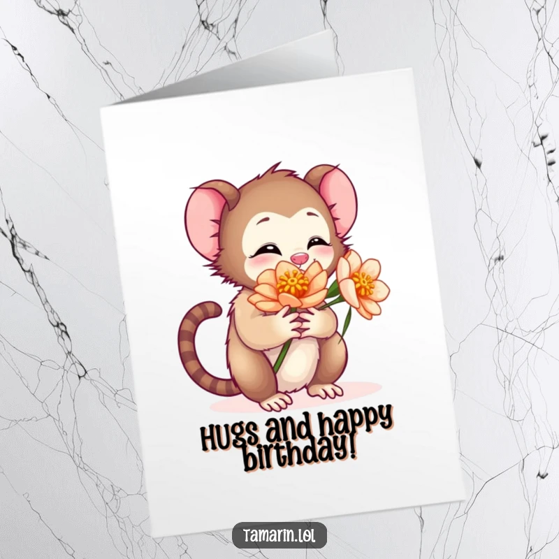 Funny Free Printable Birthday Card: Tamarin character giving a huge, warm hug to a beautiful blooming flower.