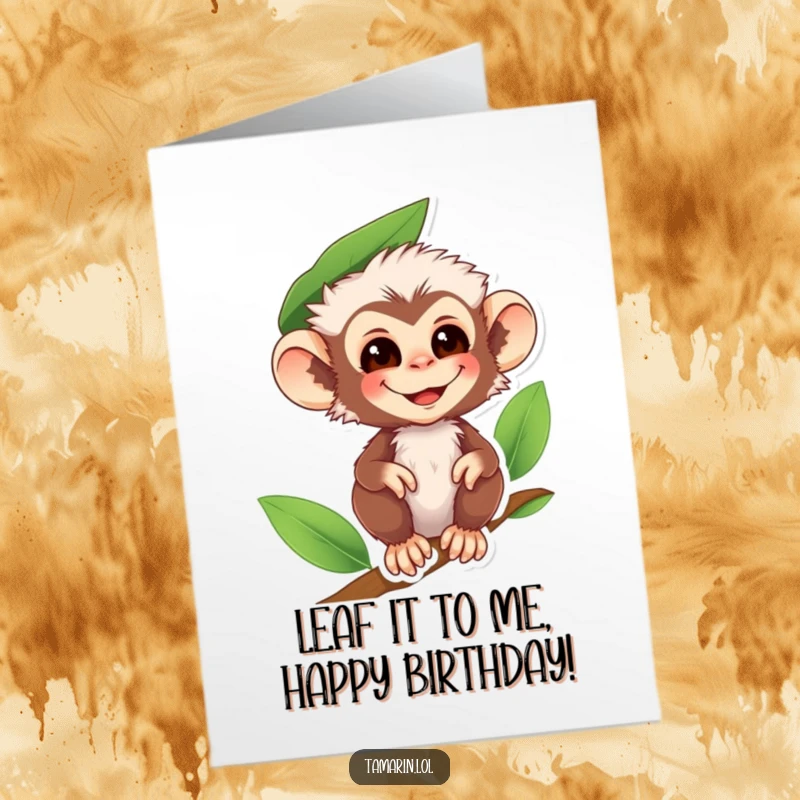 Funny Free Printable Birthday Card: A smiling tamarin monkey wears a big green leaf as a charming hat.