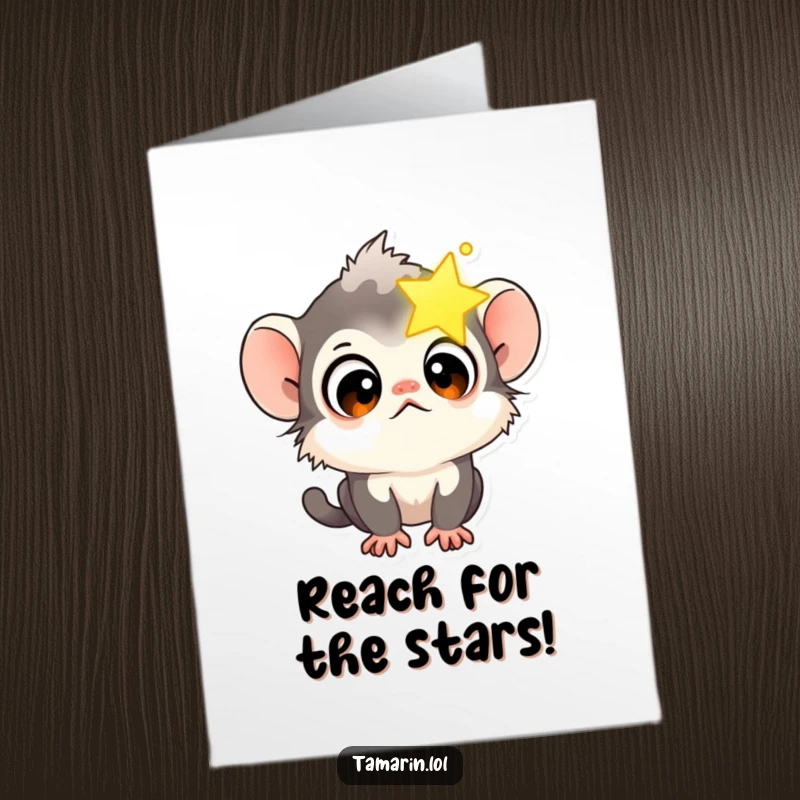 Funny Free Printable Birthday Card featuring a curious tamarin character gazing with wide eyes into a brightly glowing star.