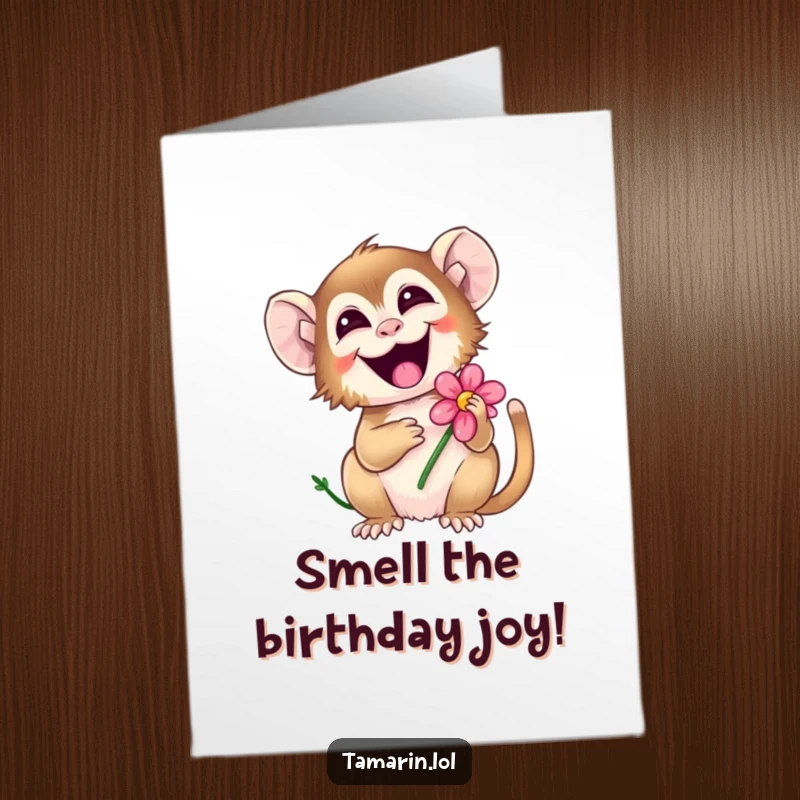 Funny Free Printable Birthday Card: A tamarin giggling gleefully while holding a flower, spreading birthday joy. A cute downloadable gift.