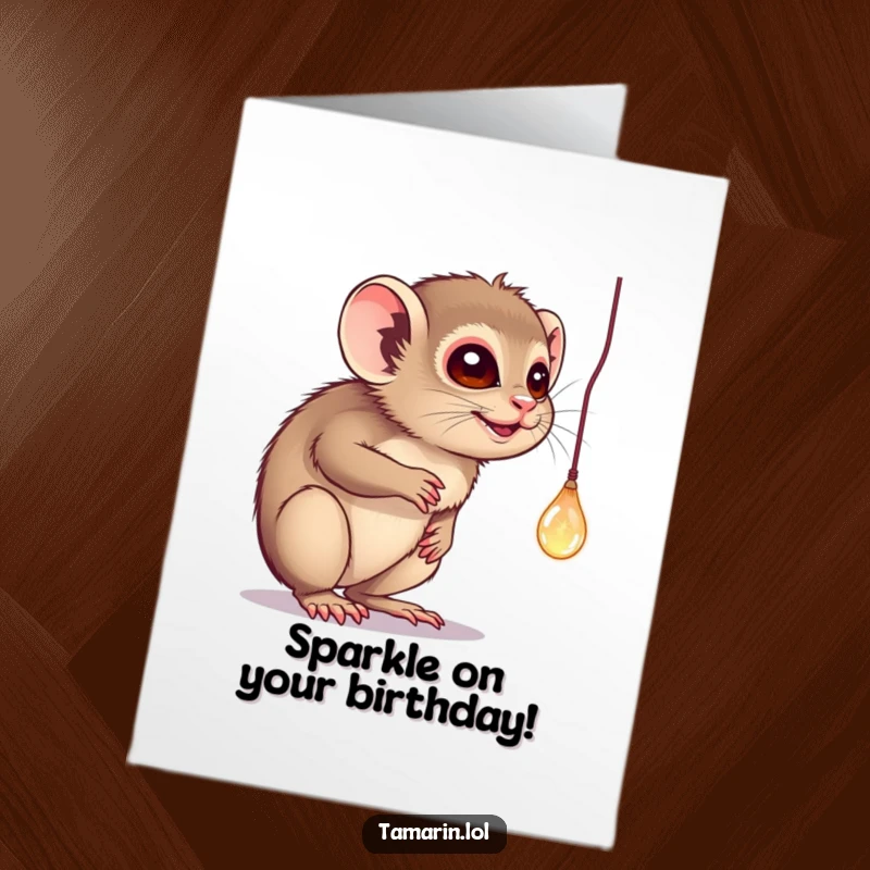 Funny Free Printable Birthday Card: Tamarin batting curiously at a dangling, sparkling object with wide-eyed fascination.