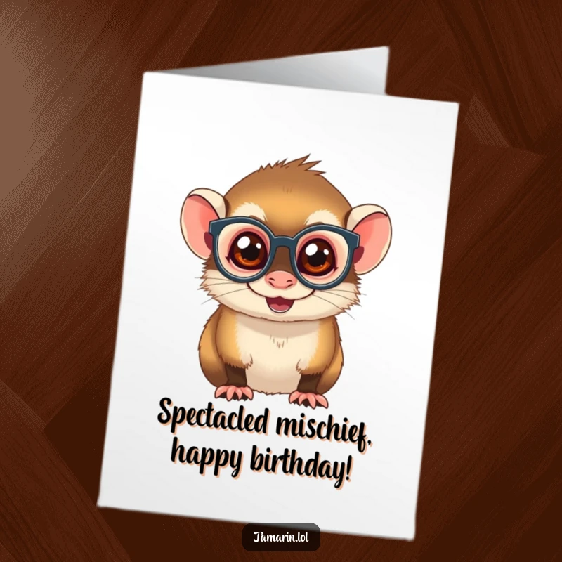 Funny Free Printable Birthday Card featuring a mischievous tamarin wearing tiny spectacles, ready for some birthday shenanigans.