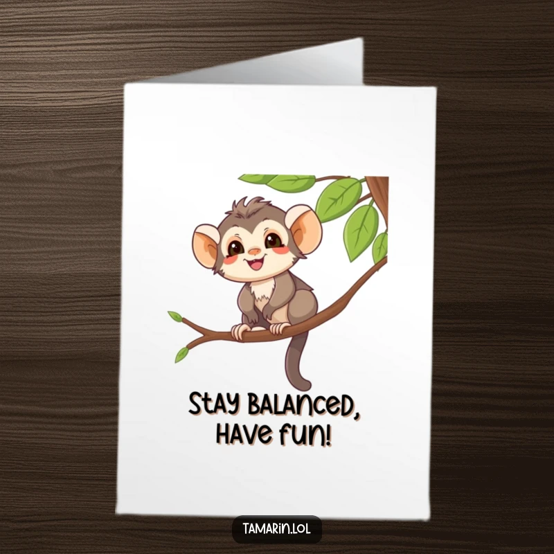 Funny Free Printable Birthday Card: Smiling Tamarin Balances on Tree Branch