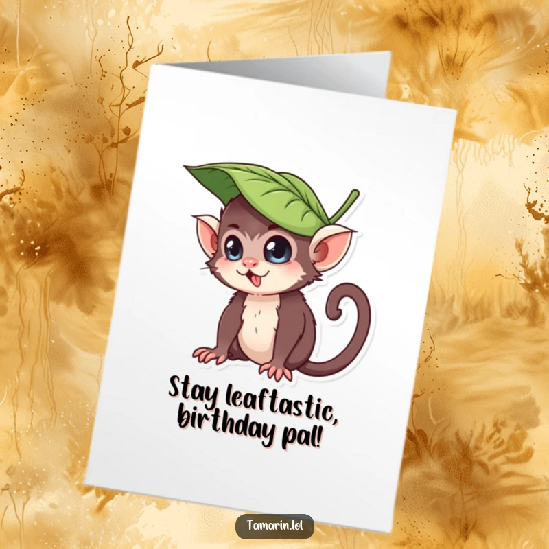 Funny Free Printable Birthday Card: Mischievous tamarin wearing a leaf hat, a playful wink, ready for birthday fun.