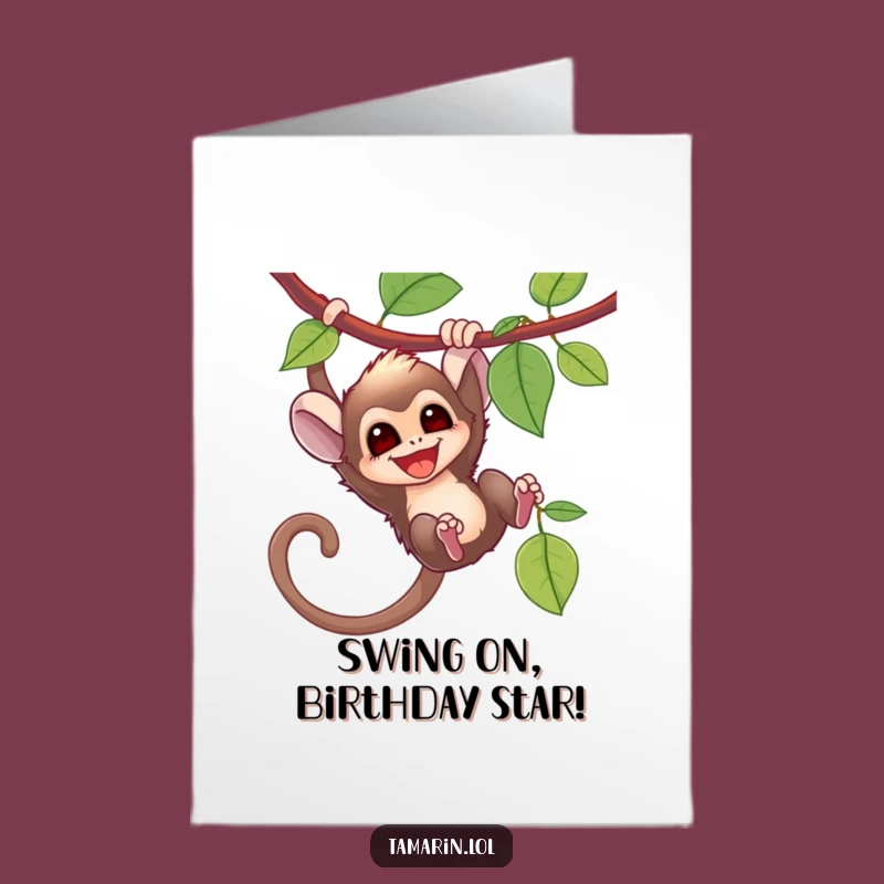 Free Printable Tamarin Birthday Card: Funny Swinging Monkey Downloadable Greeting Fun