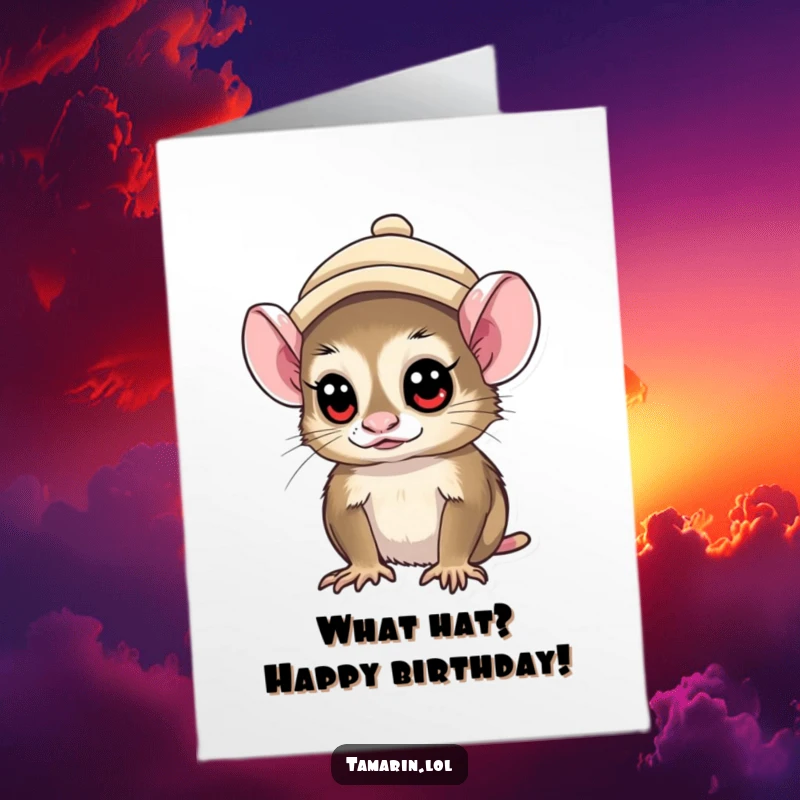 Funny Free Printable Birthday Card: Tamarin sporting a tiny hat, looking around with curious wide eyes.