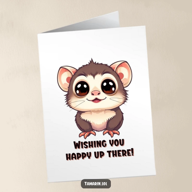 Funny free printable tamarin monkey with huge, happy eyes looking upwards with wonder, birthday card