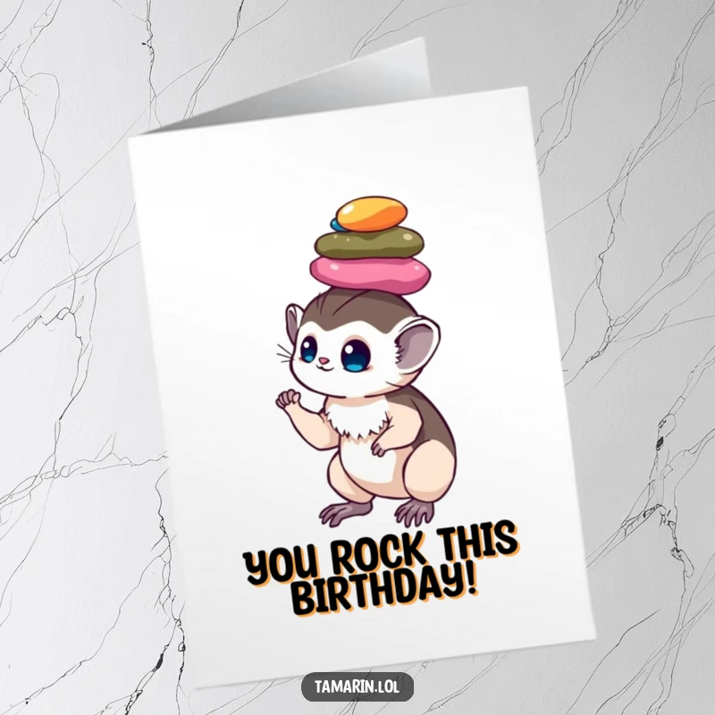 Funny Free Printable Birthday Card: A tamarin precariously balances a tall, colorful stack of shiny pebbles on its head.