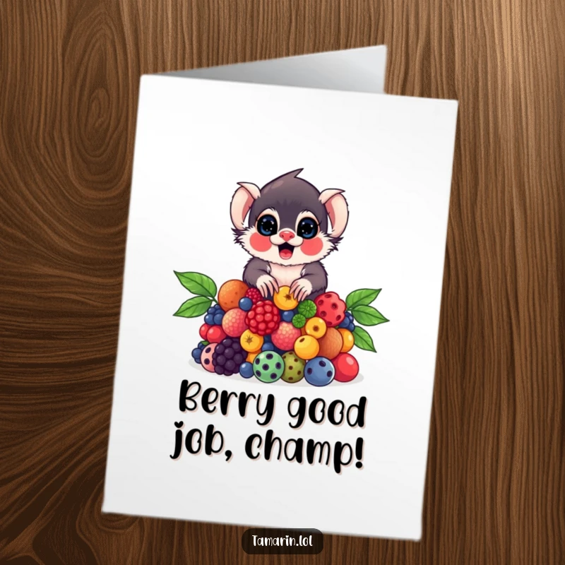 Funny Free Printable Congrats Card: Tamarin monkey balancing a precarious stack of colorful berries, a symbol of sweet accomplishment.